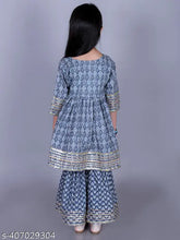 Grey cotton hand block print Anarkali/Flared Kurta & Sharara Set - intricate embellishments, glamorous girls ethnic wear, Indian festival outfit for 2-14 years